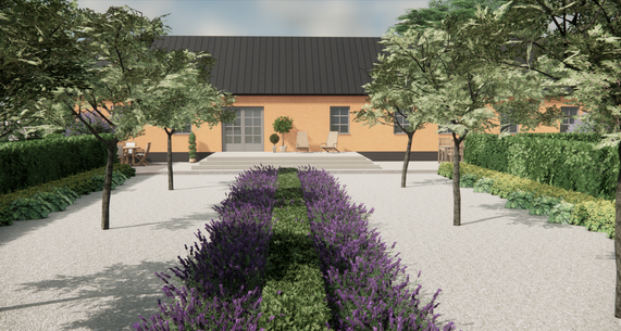 3d stillbild designförslag parterr med lavendelhäck projekt skånelänga 1700tal